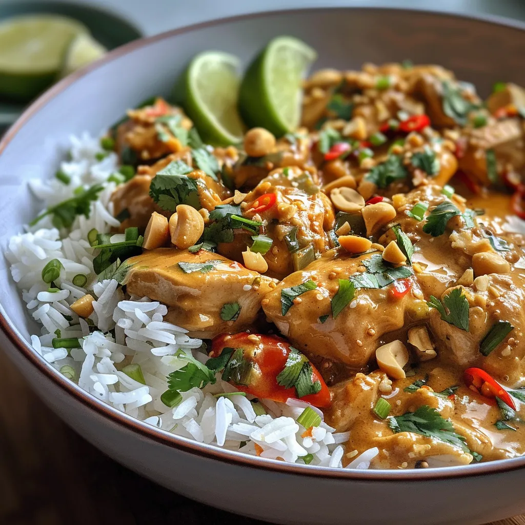 Close-up view of Spicy Thai Peanut Chicken with red bell peppers and peanuts.