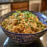 Close-up view of creamy spicy Thai peanut noodles topped with chicken and garnished with green onions and cilantro.