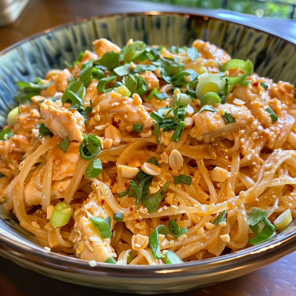 Bowl of flavorful Thai peanut noodles featuring sliced chicken, green onions, and a drizzle of sauce.
