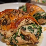 Juicy chicken breast stuffed with spinach and mushrooms, side view.