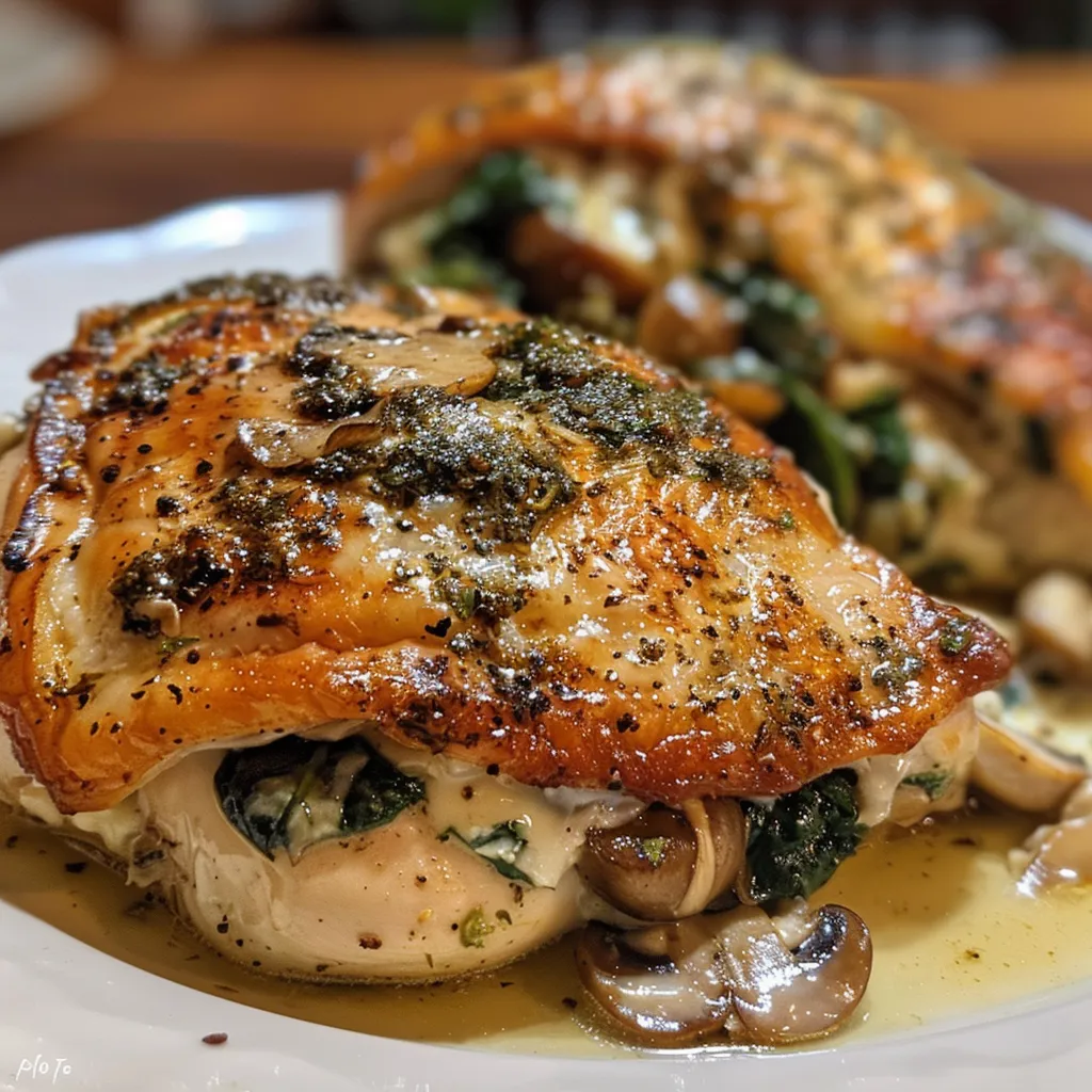 Close-up of a cooked chicken breast filled with a savory spinach and mushroom mixture.