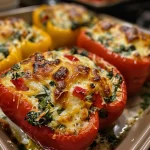 A close-up side view of vibrant red bell peppers stuffed with spinach and ricotta cheese.