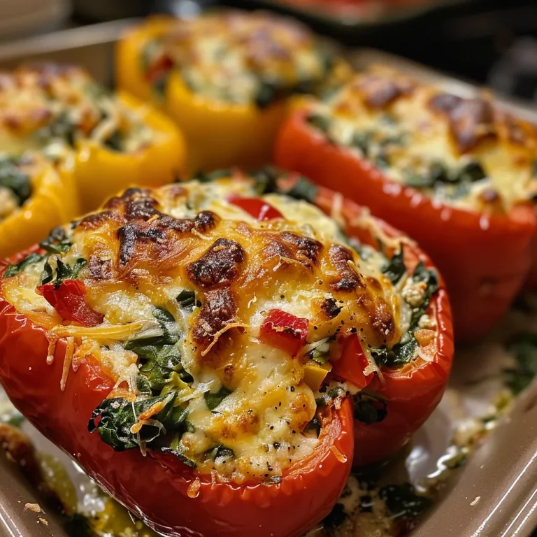 A close-up side view of vibrant red bell peppers stuffed with spinach and ricotta cheese.
