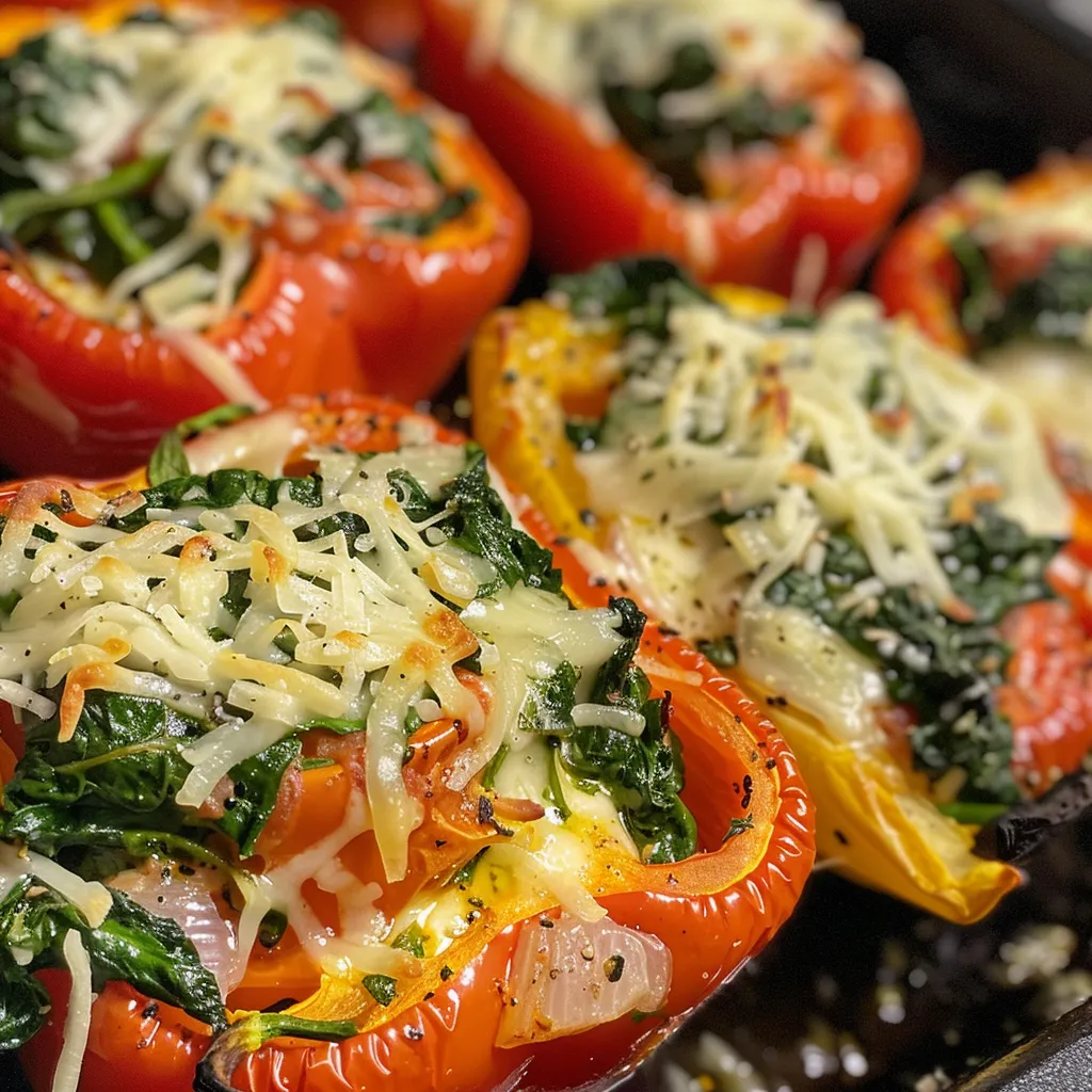 Juicy spinach and ricotta stuffed red peppers displayed in a photo, highlighting their colorful filling.