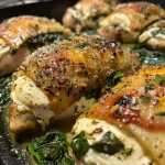 Juicy spinach ricotta stuffed chicken breasts on a plate, showcasing a side view.