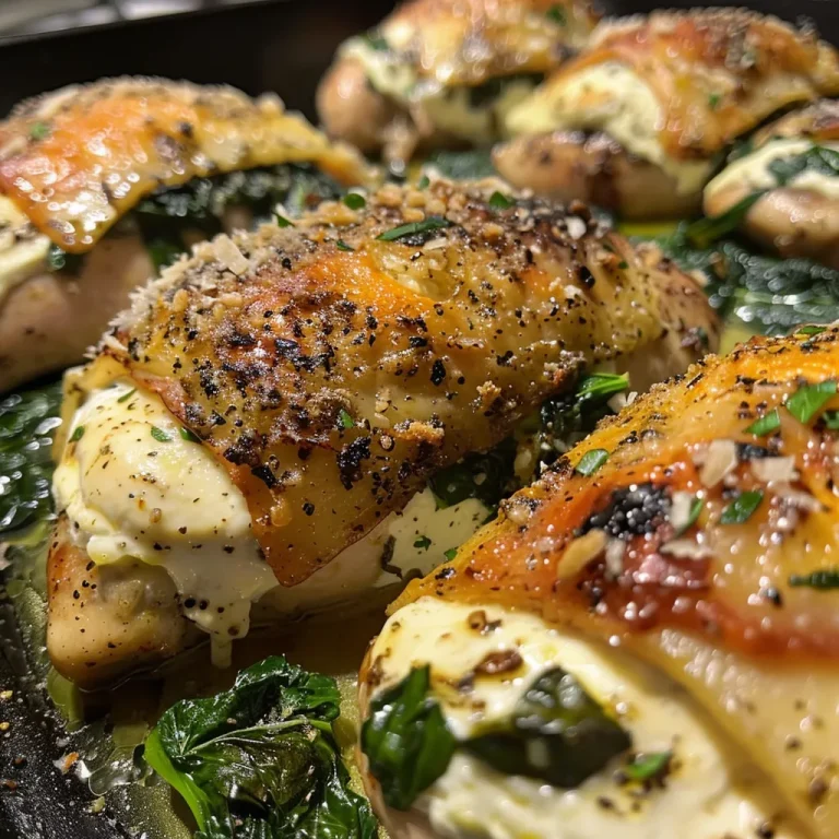 Juicy spinach ricotta stuffed chicken breasts on a plate, showcasing a side view.
