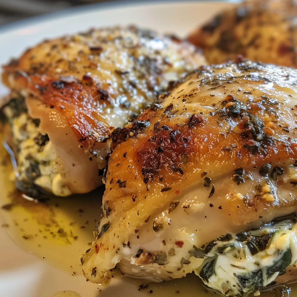 Close-up of a stuffed chicken breast filled with ricotta and spinach, glistening with olive oil.