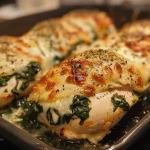 Juicy Spinach Stuffed Chicken breast with a creamy filling, seen from the side.