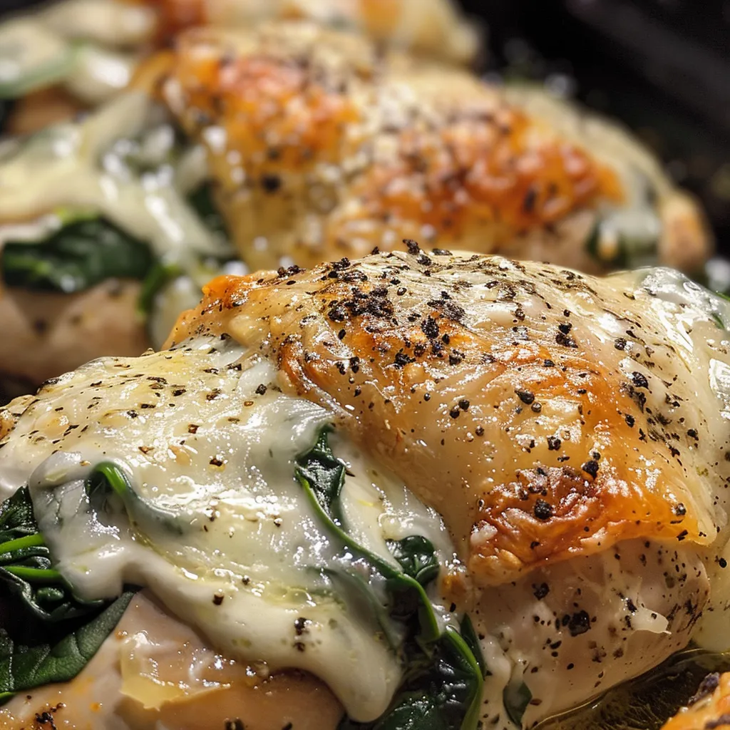 Close-up view of Spinach Stuffed Chicken showcasing green spinach and melted cheese.