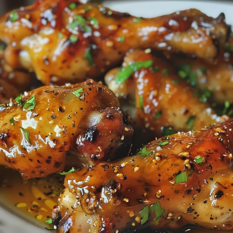 Close-up of glazed Sticky Honey Mustard Chicken Wings on a plate.
