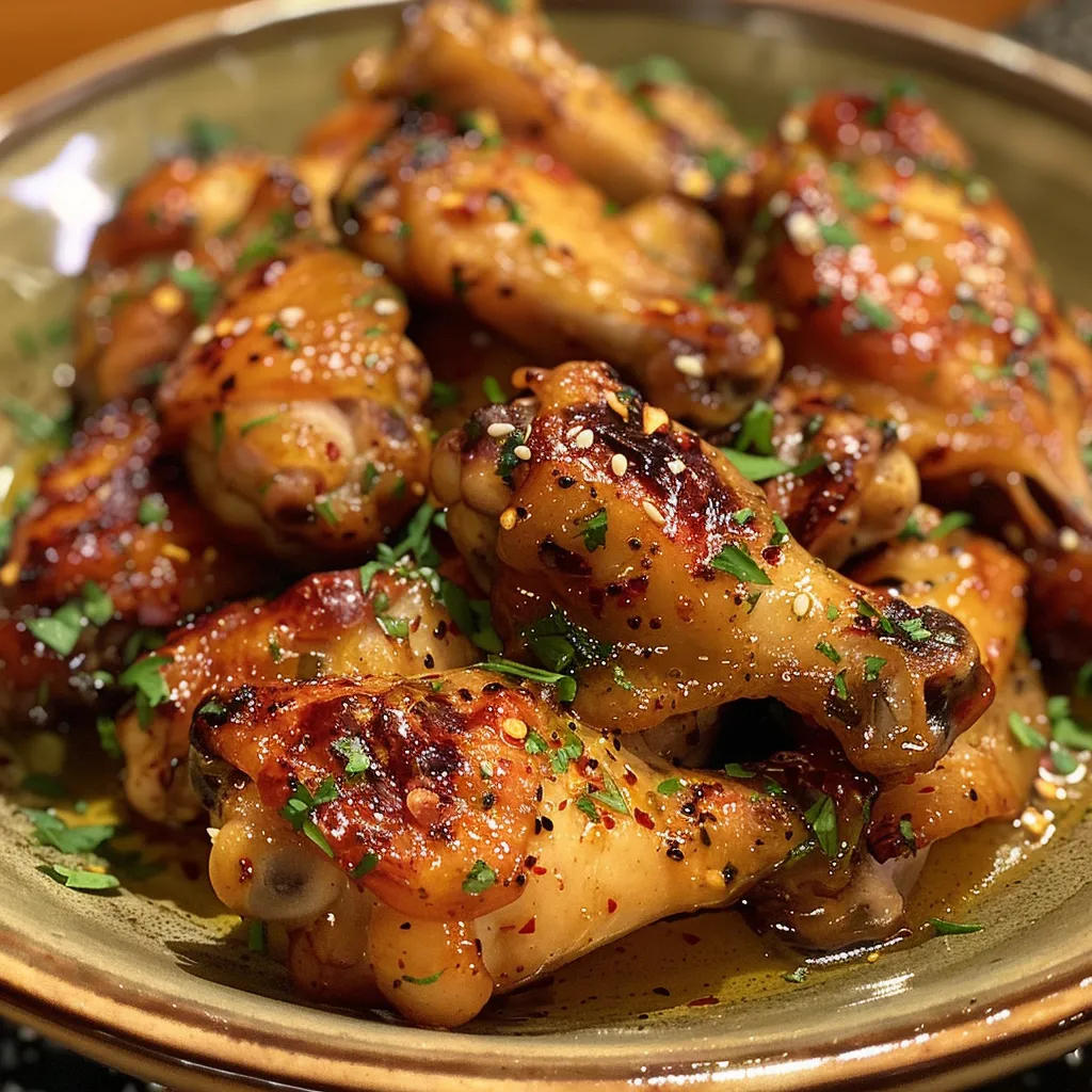 Juicy chicken wings coated in a shiny honey mustard glaze, displayed on a plate.