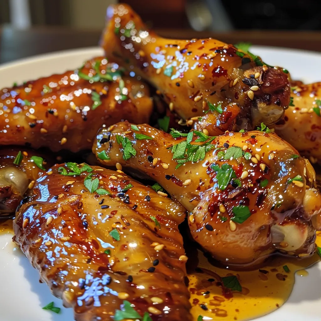 Juicy chicken wings coated in sticky honey mustard sauce, viewed from the side.