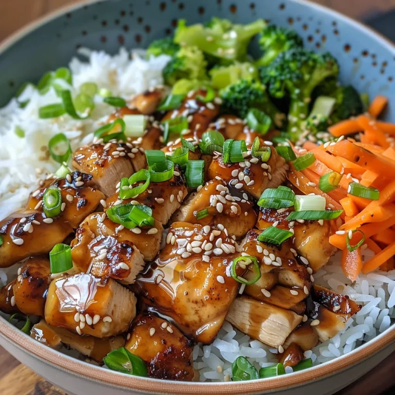 A close-up view of a sticky honey soy chicken rice bowl with vibrant vegetables and a delicious glaze.