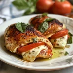 Close-up of juicy stuffed chicken breast with melted mozzarella, tomato slices, and fresh basil.