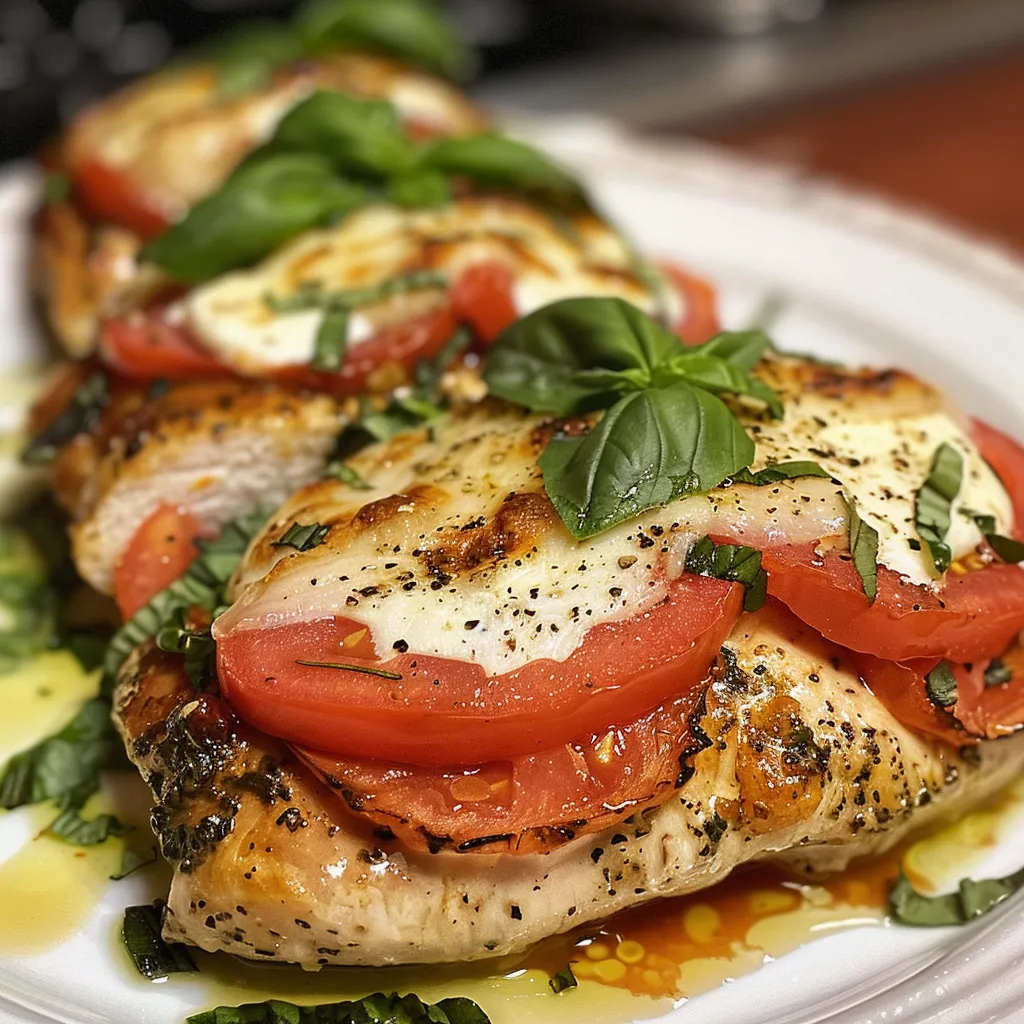 Side view of a stuffed chicken dish showcasing mozzarella, tomatoes, and basil in vibrant colors.