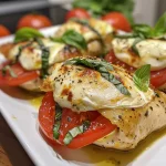 Close-up view of stuffed chicken breast filled with fresh mozzarella, tomato, and basil.