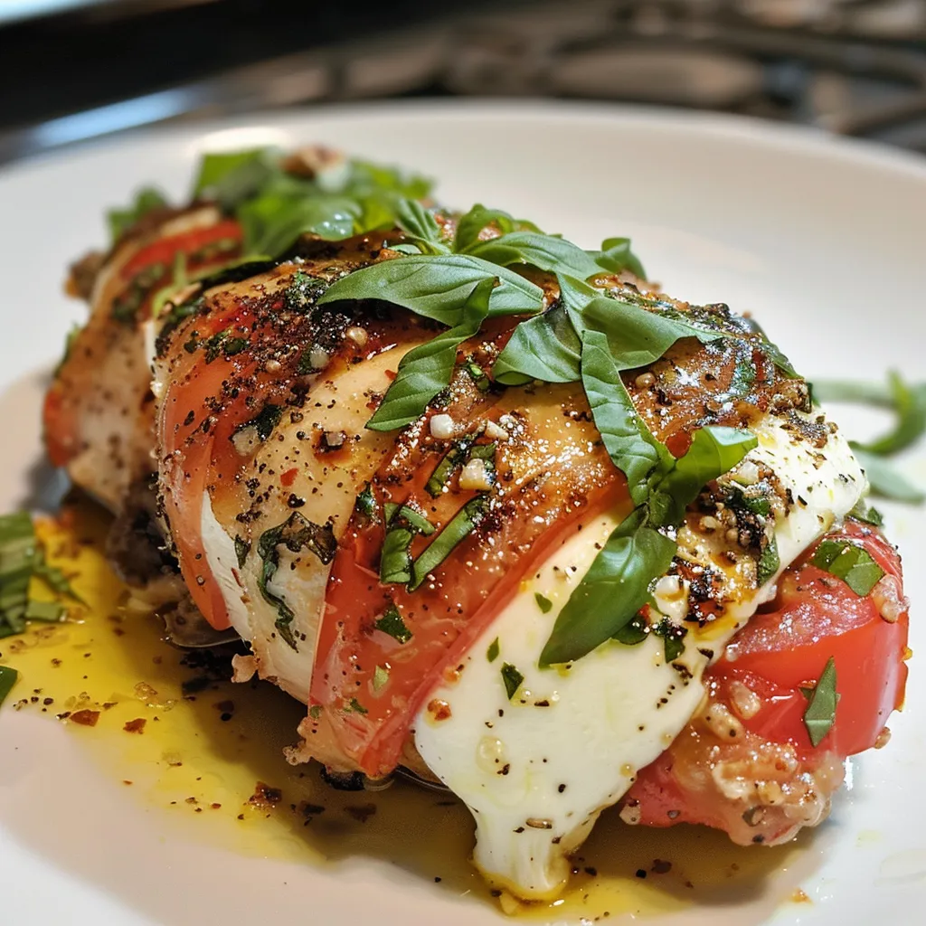 Juicy stuffed chicken side view showcasing fresh ingredients and golden crust.