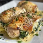 Juicy stuffed chicken breast with spinach and melted cheese, side view.