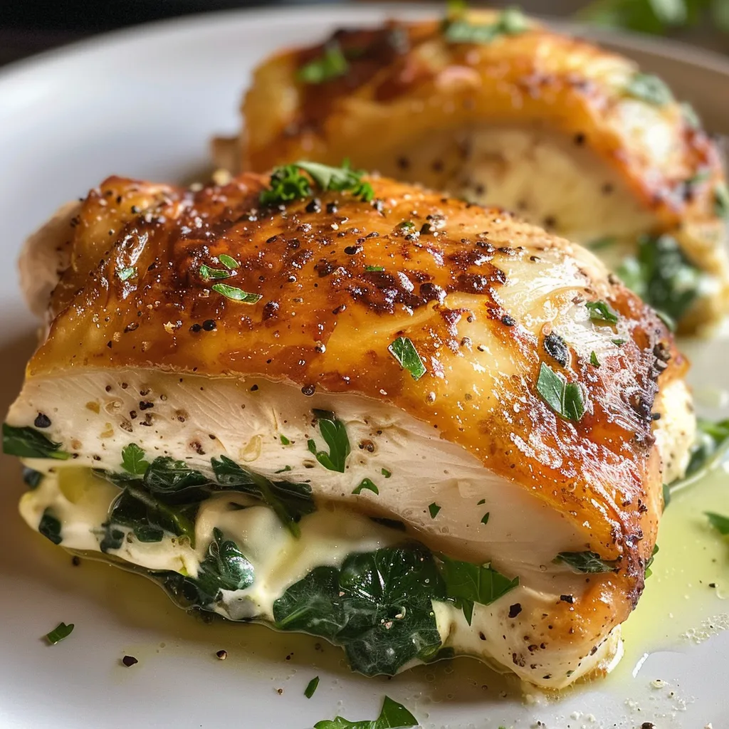 Close-up of a golden-brown stuffed chicken breast with spinach filling and melted cheese.