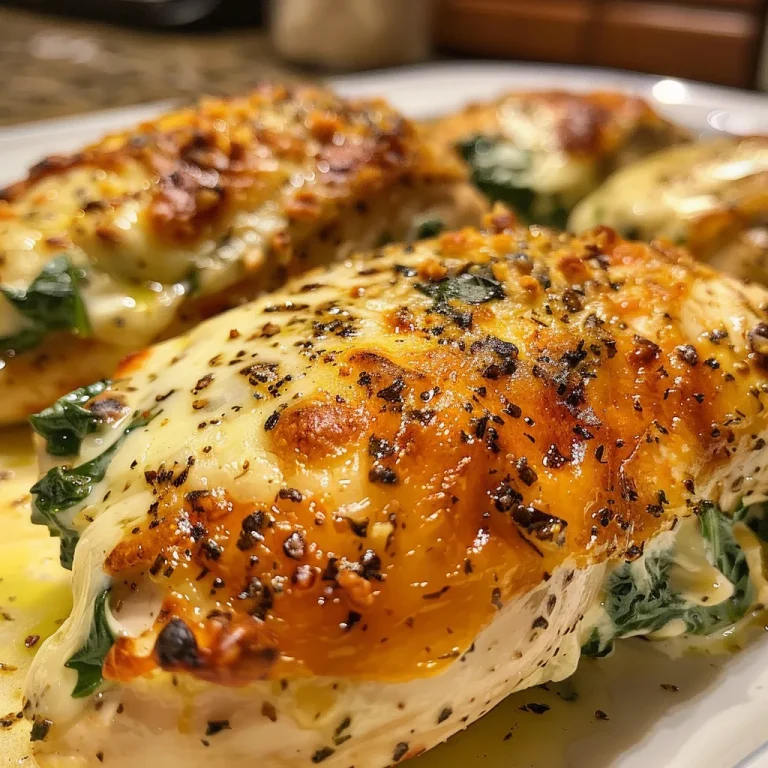 A close-up view of a juicy spinach and mozzarella stuffed chicken breast on a plate.