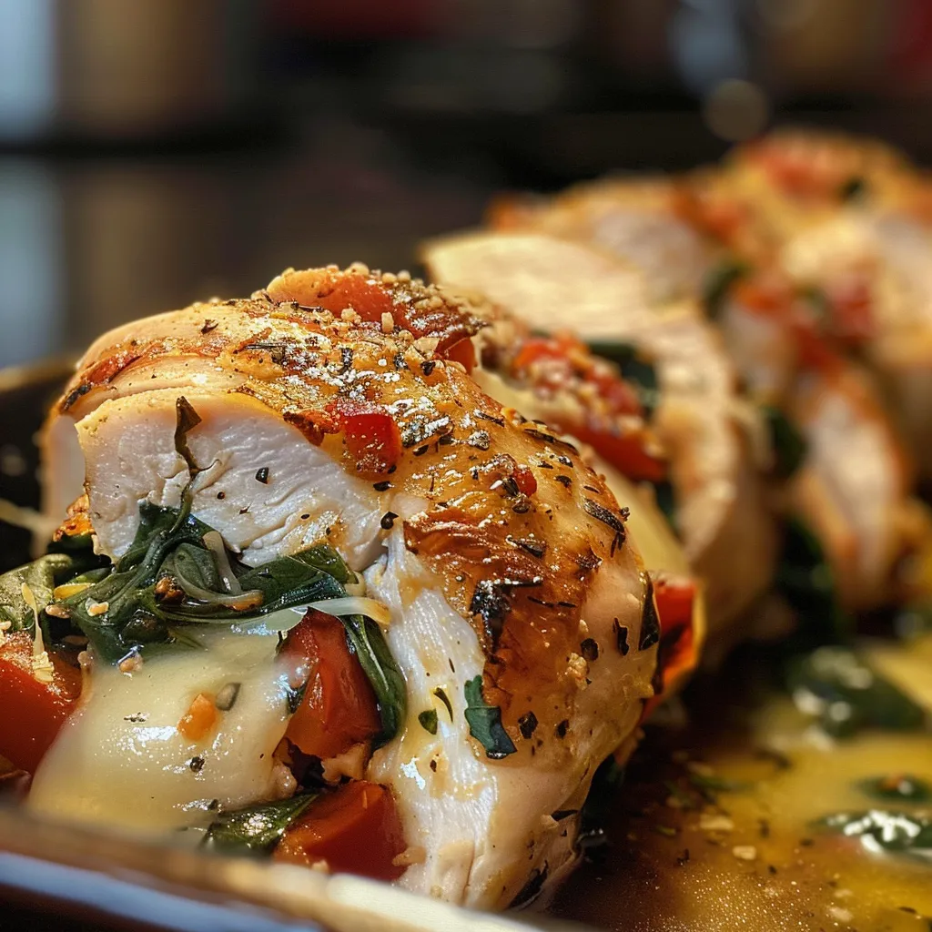 Side view of a chicken breast packed with cheese, spinach, and red peppers.