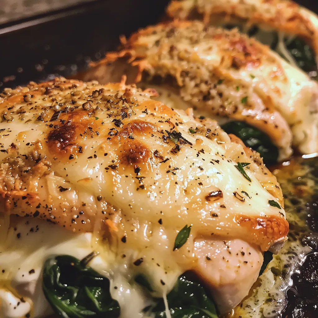 Side view of a succulent chicken breast filled with spinach and mozzarella cheese.