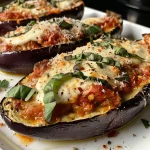 Close-up view of stuffed eggplant halves filled with ricotta and herbs.