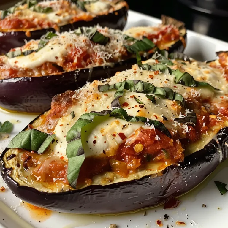 Close-up view of stuffed eggplant halves filled with ricotta and herbs.