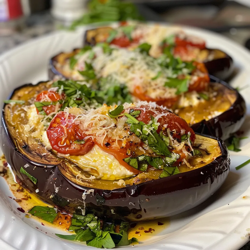 Juicy stuffed eggplant with melted cheese and fresh herbs, shot from the side.