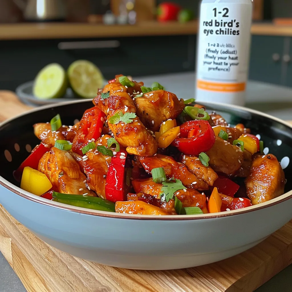 Juicy pieces of Thai chili chicken with vibrant bell peppers and spring onions on a plate.