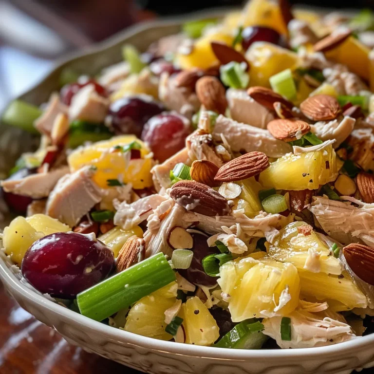 Juicy Sweet Chicken Salad with Pineapple served in a bowl, featuring colorful ingredients like grapes and celery.
