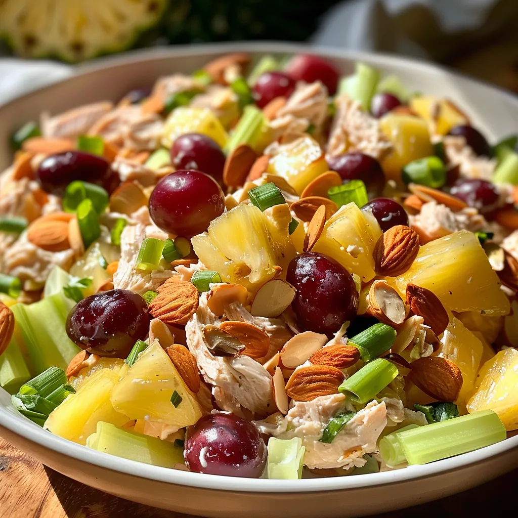 A vibrant close-up of Sweet Chicken Salad with Pineapple, showcasing tender chicken and fresh greens.