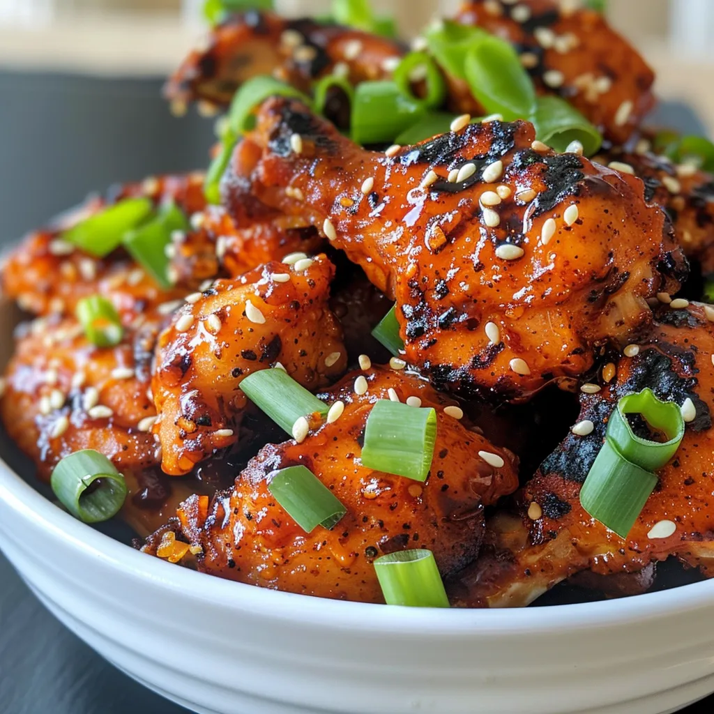 Close-up of golden brown chicken thighs coated in sweet chili sauce, served on a plate.