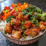 A vibrant bowl of Sweet Chili Chicken and rice topped with colorful bell peppers and green onions.