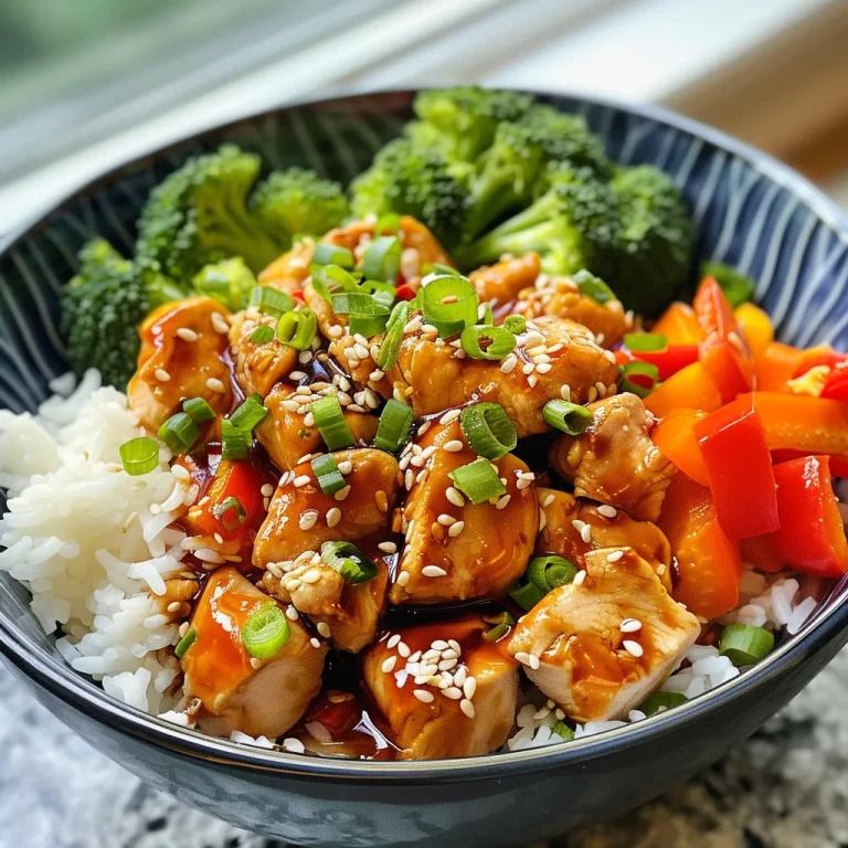 Juicy Sweet Chili Chicken and Rice Bowl topped with colorful bell peppers and green onions.