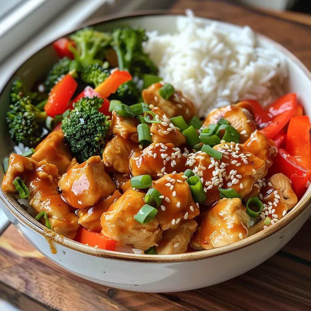 Close-up view of a Sweet Chili Chicken and Rice Bowl showcasing juicy chicken, veggies, and sesame seeds.