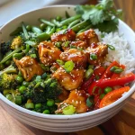 Close-up of a colorful Sweet Chili Chicken Bowl featuring chicken, vegetables, and rice.