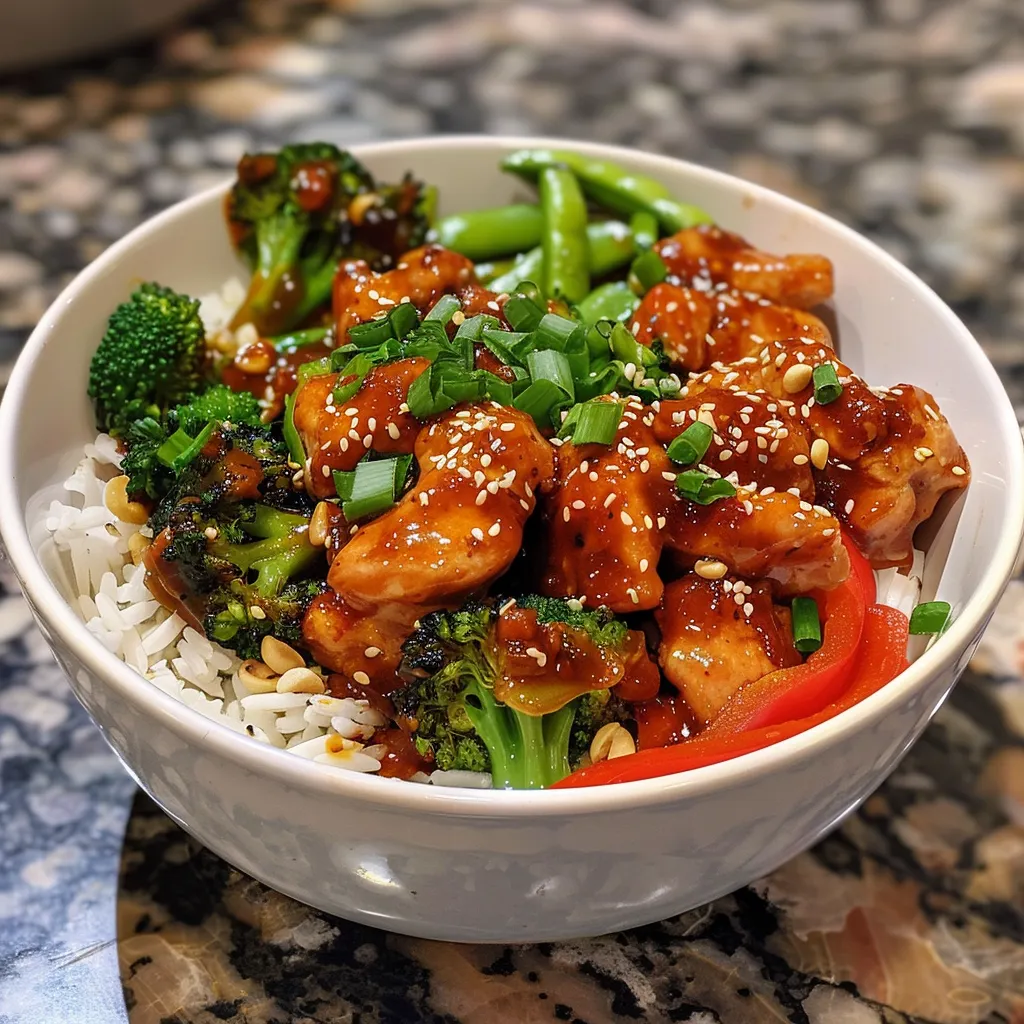 Side view of a delicious Sweet Chili Chicken Bowl featuring chicken and colorful toppings.