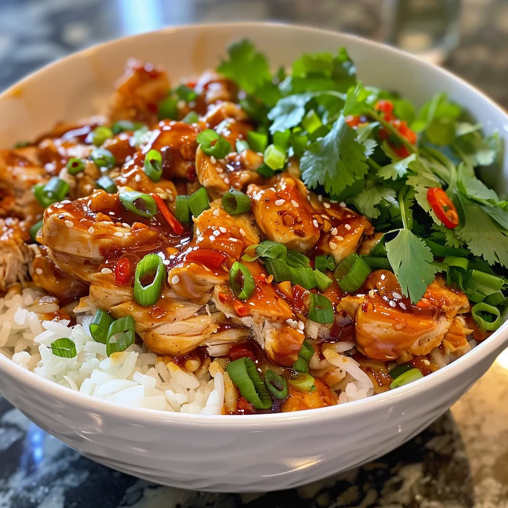 Delicious Sweet Chili Chicken Bowl featuring juicy chicken thighs and fresh herbs.