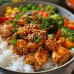 Close-up view of Sweet Chili Chicken Rice Bowl with colorful vegetables.