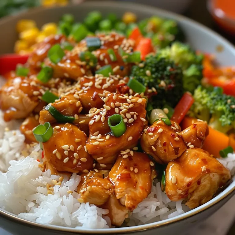 A Flavorful Journey Sweet Chili Chicken Rice Bowls to Delight Your Family Close-up view of Sweet Chili Chicken Rice Bowl with colorful vegetables.