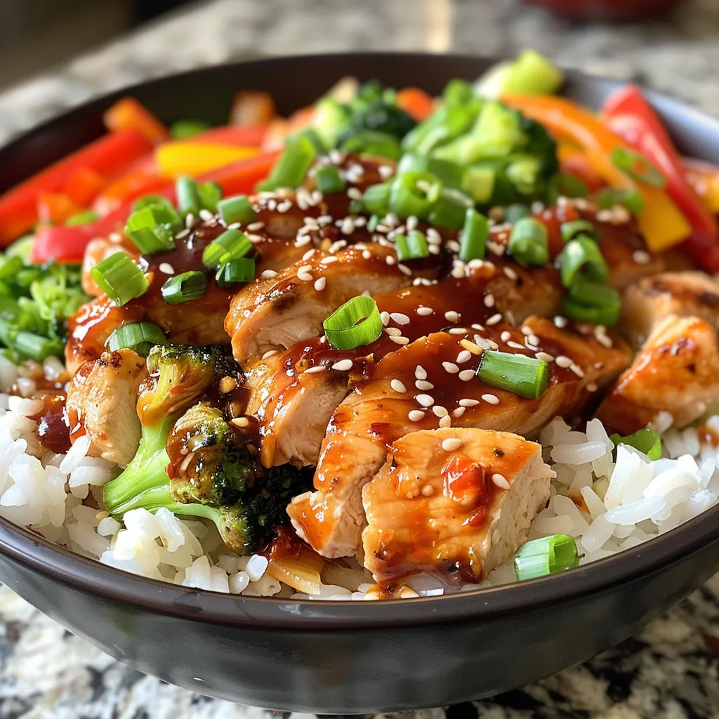 Juicy chicken thighs in a rice bowl, garnished with green onions and sesame seeds.