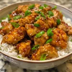 Juicy Sweet Chili Chicken garnished with chopped bell peppers and onions.
