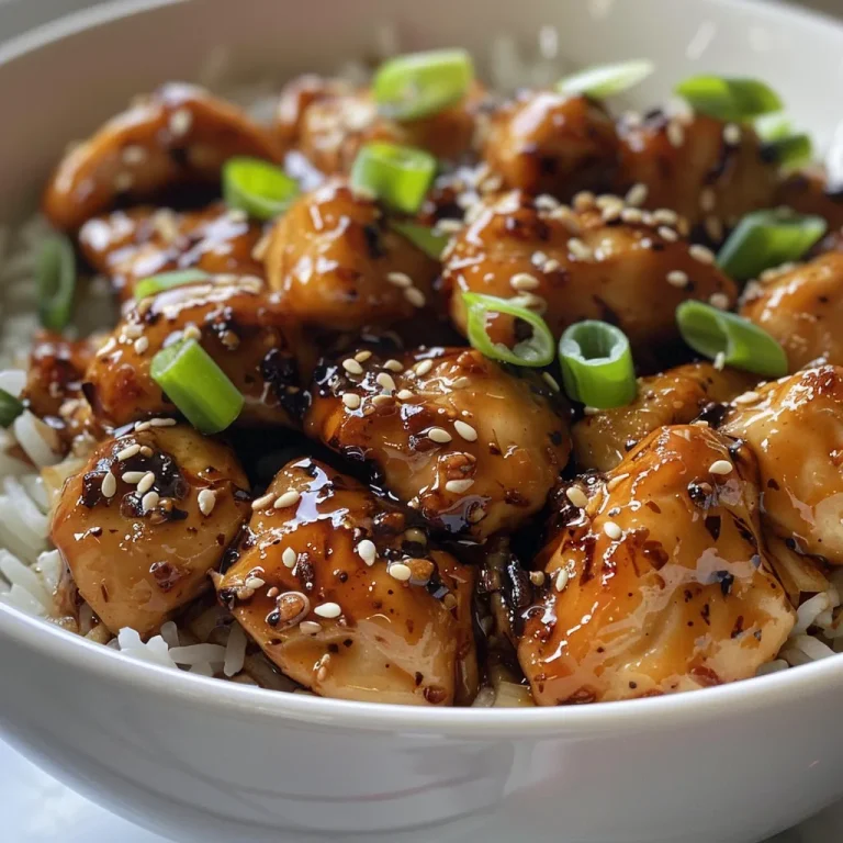 Close-up view of juicy Sweet Chili Chicken on a plate, garnished with green onions and sesame seeds.