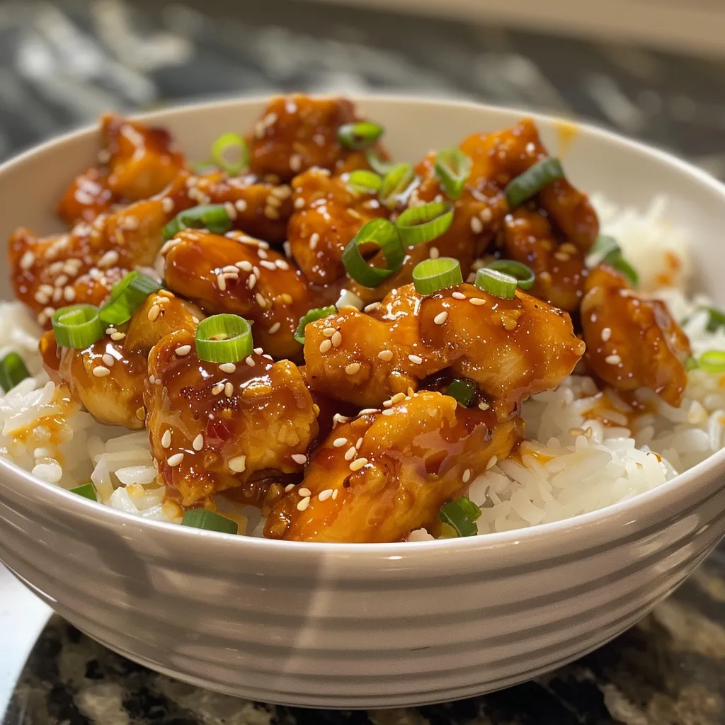 Bite-sized pieces of Sweet Chili Chicken drizzled with sauce.