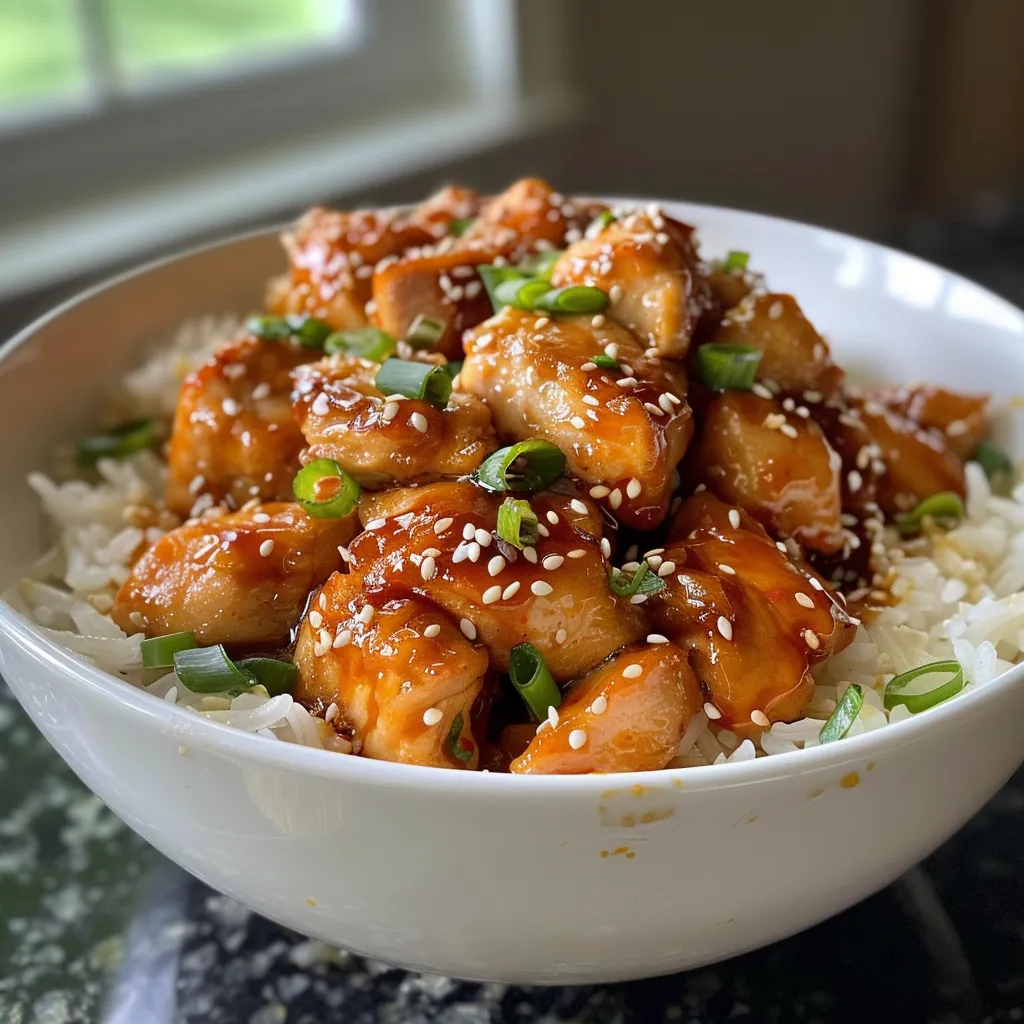 Side view of tender Sweet Chili Chicken pieces in a glossy sauce, served with rice.