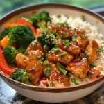 Close-up side view of a vibrant Swicy Honey Chili Chicken Bowl with colorful vegetables and garnishes.