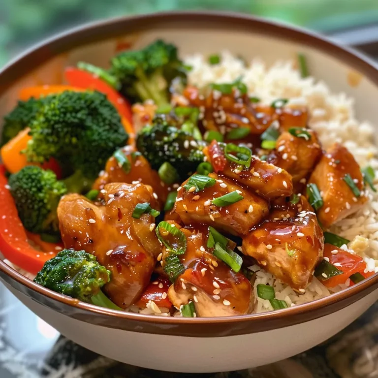 Close-up side view of a vibrant Swicy Honey Chili Chicken Bowl with colorful vegetables and garnishes.