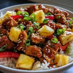 A close-up of Teriyaki Chicken and pineapple served in a bowl with colorful vegetables.