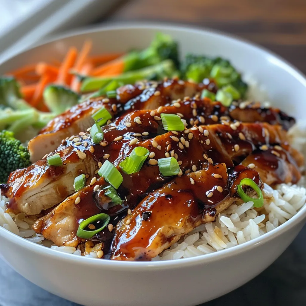 Close-up view of a Teriyaki chicken bowl featuring glazed chicken, rice, and mixed veggies.